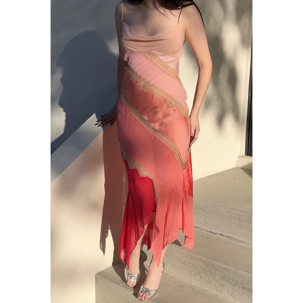 Vintage Y2K Victoria's Secret 100% Silk Patchwork Lace Slip Dress Maxi Gown RARE